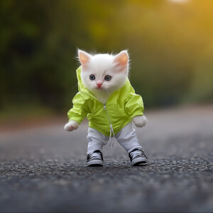 A one week old white kitten wearing a neon green jacket, wearing...