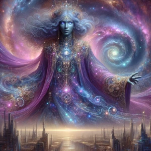 In a vividly swirling galaxy, a shimmering figure emerges: an or...