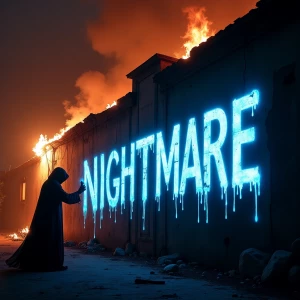 "Imagine a sinister being, cloaked in shadow, poised before a burning building, flames casting an eerie glow against the night sky. With deliberate, ghostly grace, it spray-paints the words 'Gothic Graffiti NIGHTMARE' in pulsating neon blue across the crumbling facade. The letters sizzle ominously, juxtaposed against the angry reds and oranges of the inferno. This spectral figure, shrouded in mystery and darkness, embodies chaos and creativity, leaving a chilling, unforgettable mark as the world around it burns."