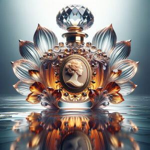 Craft an intricate digital artwork featuring an elegant perfume...