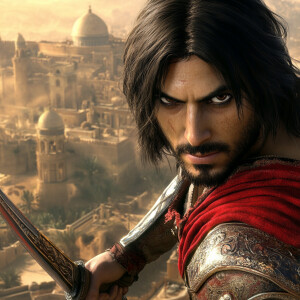 prince of persia character with sharp sword, in egypt 4k --chaos...