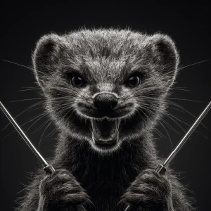 A anthropomorphic mongoose with a wild, crazy smile and intense...