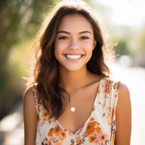 A cute woman

Californian

Smiling 

Clothes: Floral Dress

Look...