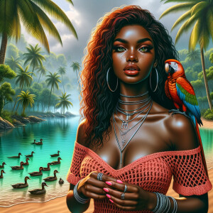 Tropical forest landscape Pretty blue exotic waters palm trees beautiful sand, ducks in the water.An Street art style image of a thick African American woman she’s wearing a Coral crochet off the shoulder dress, sandals, warm mahogany skin tone, full lips, long wispy lashes, freckles, multiple silver necklaces, rings, pink nails. wet wavy red hair, parrot on her shoulder, electrostatic art contrast colors high definition