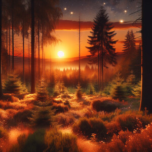 A forest with the sun setting in the background.