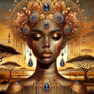 A digital illustration of a Latina woman's portrait with a luxur...
