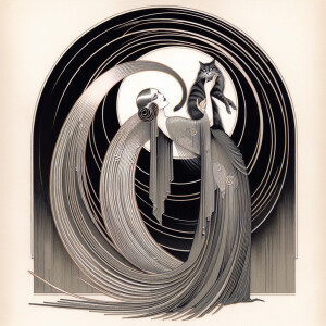 An erté type of drawing with the woman holding a cat