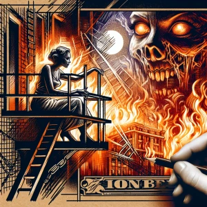 dark art Undead woman perched on a fire escape, one knee up. Cha...