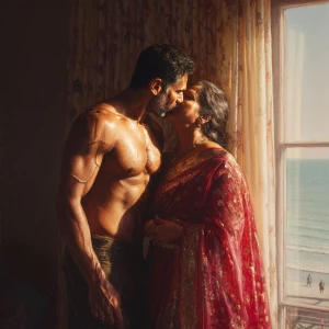 Create a hyperrealism painting of a muscular, sweaty Indian man...