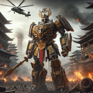 China as a transformer character, adorned with golden emperor ar...