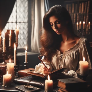 A serene woman in her 30s writing in her journal in a dim, candl...