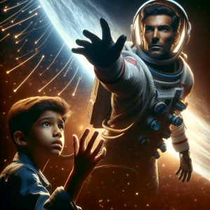 A debonair man who is an astronaut reaches for the stars while h...