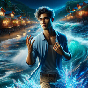 3D image of a beautiful night at the beach. There are glowing li...