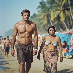 A wealthy, muscular Indian man, visibly sweating, strolls alongs...