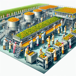 Create a sketch depicting a mango packing plant with a machine l...