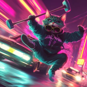 A crazy, hyperactive gangster cat inspired by Bonk meme, holding...
