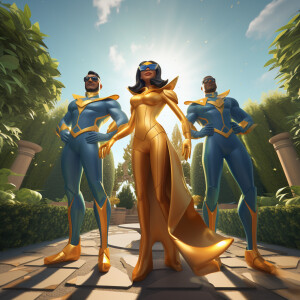 3d Three superheroes standing in a vibrant botanical garden. Cap...