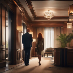 A photorealistic image. A long ginger haired female checking int...