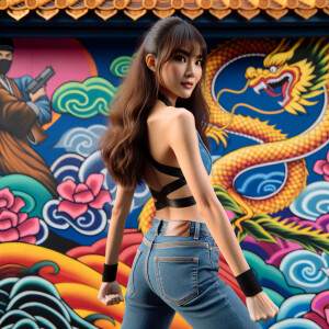 Attractive, Asian teenage girl, long brown hair and bangs, wearing tight skinny jeans and a halter top paint marks on her clothing, backside view heroic pose Asian graffiti