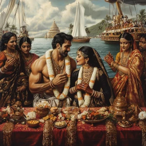 A wedding scene on a luxurious yacht in Goa's waters, depicting...