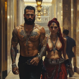 Realism art,A muscular man with tattoos and visible sweat, accom...