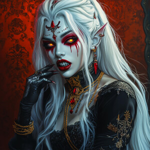finely detailed demonic vampiress with glowing shiny silver skin...