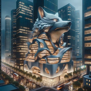 Create a 3D image of a building designed in the shape of a Wolf,...
