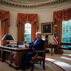 Donald trump wearing a confederate uniform, sitting behind a des...