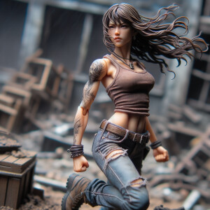 Thin Asian teen girl wearing tight jeans and a halter top Long brown hair and bangs, tattoos on her arms, athletic heroic pose