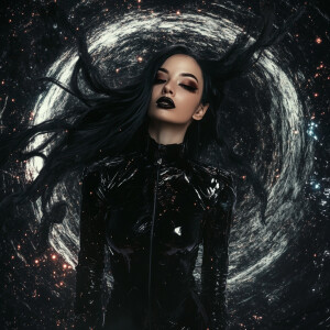 Create an ultra-realistic, direct eye-level portrait of a cosmic...