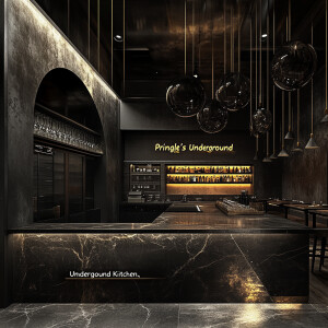 Design a photo of a upscale restaurant "Pringle's Underground Ki...