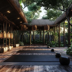 Design an MMA fight camp and fitness center in Bali, Indonesia, that seamlessly blends eco-friendly and natural elements to create a cozy yet modern and stylish environment. Ensure the facility acknowledges local Balinese architectural aesthetics while offering state-of-the-art training amenities suitable for elite fighters.