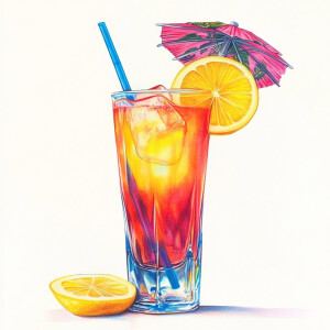 Visualize a tall, vibrant tropical cocktail adorned with a mini...