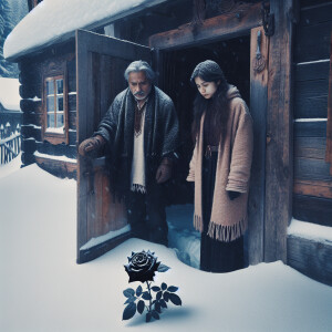 On the threshold of their house, in winter, a man and a woman fo...
