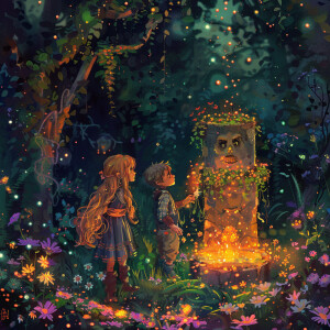 Background: A whimsical garden at sunrise with luminescent flowe...