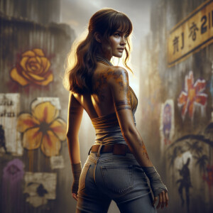 Athletic Thin skinny Attractive, Asian teenage girl, long brown hair and bangs, wearing tight skinny jeans and a halter top paint marks on her clothing, heroic pose Asian graffiti background, backside view