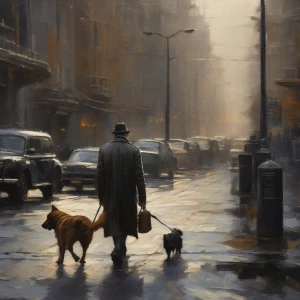 A MAN AND A DOG WALKING DOWN THE STREET