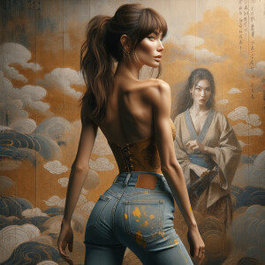 Athletic Thin skinny Attractive, Asian teenage girl, long brown hair and bangs, wearing tight skinny jeans and a halter top paint marks on her clothing, heroic pose Asian graffiti background, backside view