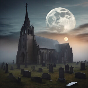 Old gothic church and cemetery with fog and moon in clouds