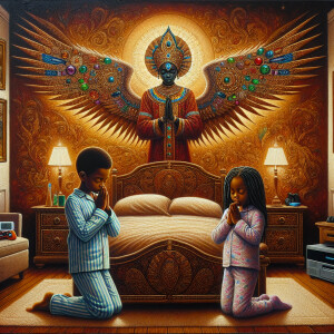 An oil painting of two African-American children with dark skin,...