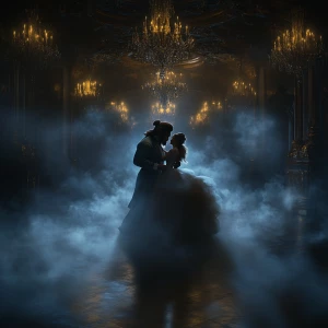 Beauty and the beast dancing in a ballroom surrounded by ghostly fog. Hyper expose. Ultra-detailed. The image should feature dark, surreal elements, and errie aesthetics, ultra-realistic style, 8K, C4D rendering, OC rendering,HDR,with a close-up picture,masterpiece, perfect composition and lighting