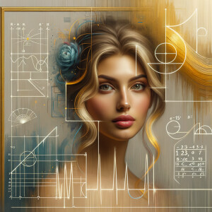 Abstract, minimalist, art cardiogram, charts complex, mathematical formulas, spontaneous lines, and paint marks, paint in hair, golden ratio