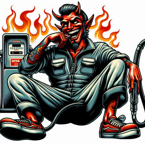 A cartoonish evil devil in a mechanics jumpsuit, leaning a gas p...