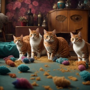 Five mischievous cats of different colors are playing together,...