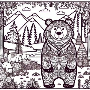Create a coloring page design with thick lines, featuring a bear...
