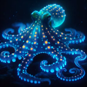 Generate an image of a bioluminescent octopus in the deep sea, i...