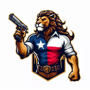muscular tactical 
lion with texas flag shirt shooting a pistol