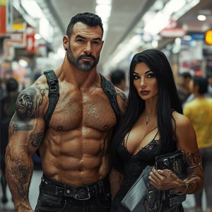 Generate a hyperrealistic image depicting a muscular, perspiring...
