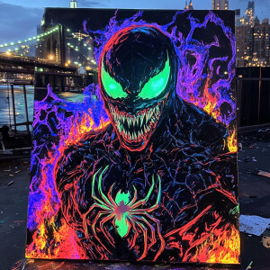 horror flame art,24k up close image of venom with dark neon tatt...
