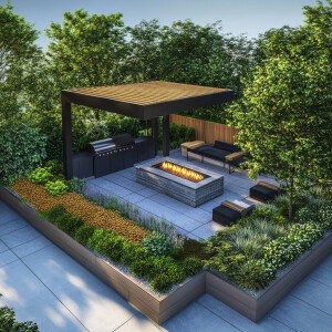 Create a design for a contemporary rooftop garden that includes...